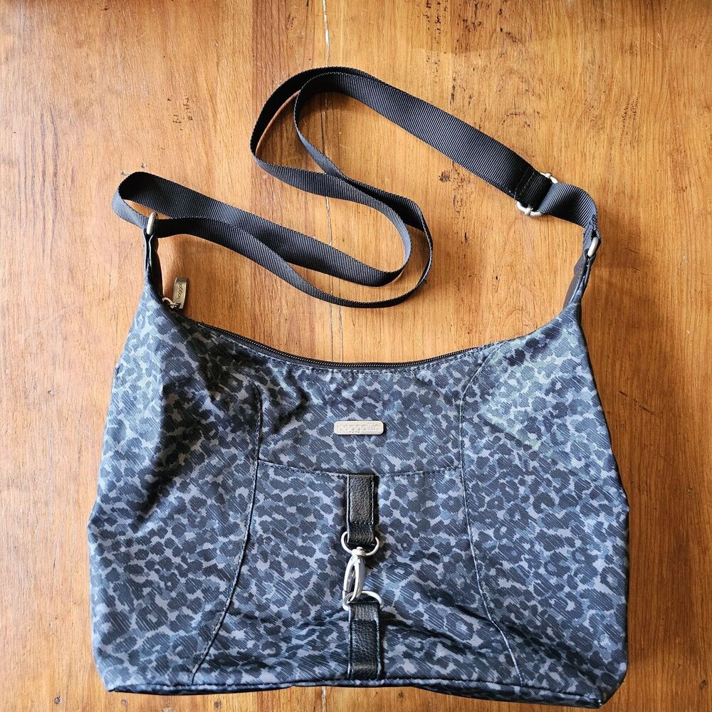 Baggallini Leopard Print Gray Crossbody Hobo Lightweight Medium Washable Travel